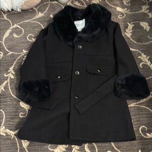 Janie & Jack girls Black Coat with Faux Fur Trim